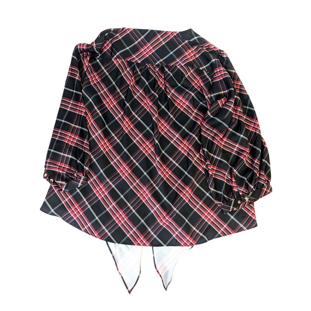 Chicos Red Black Plaid V-Neck Tie Front Puff Sleeve Blouse Top Size 4 XL/XXL - Picture 2 of 6